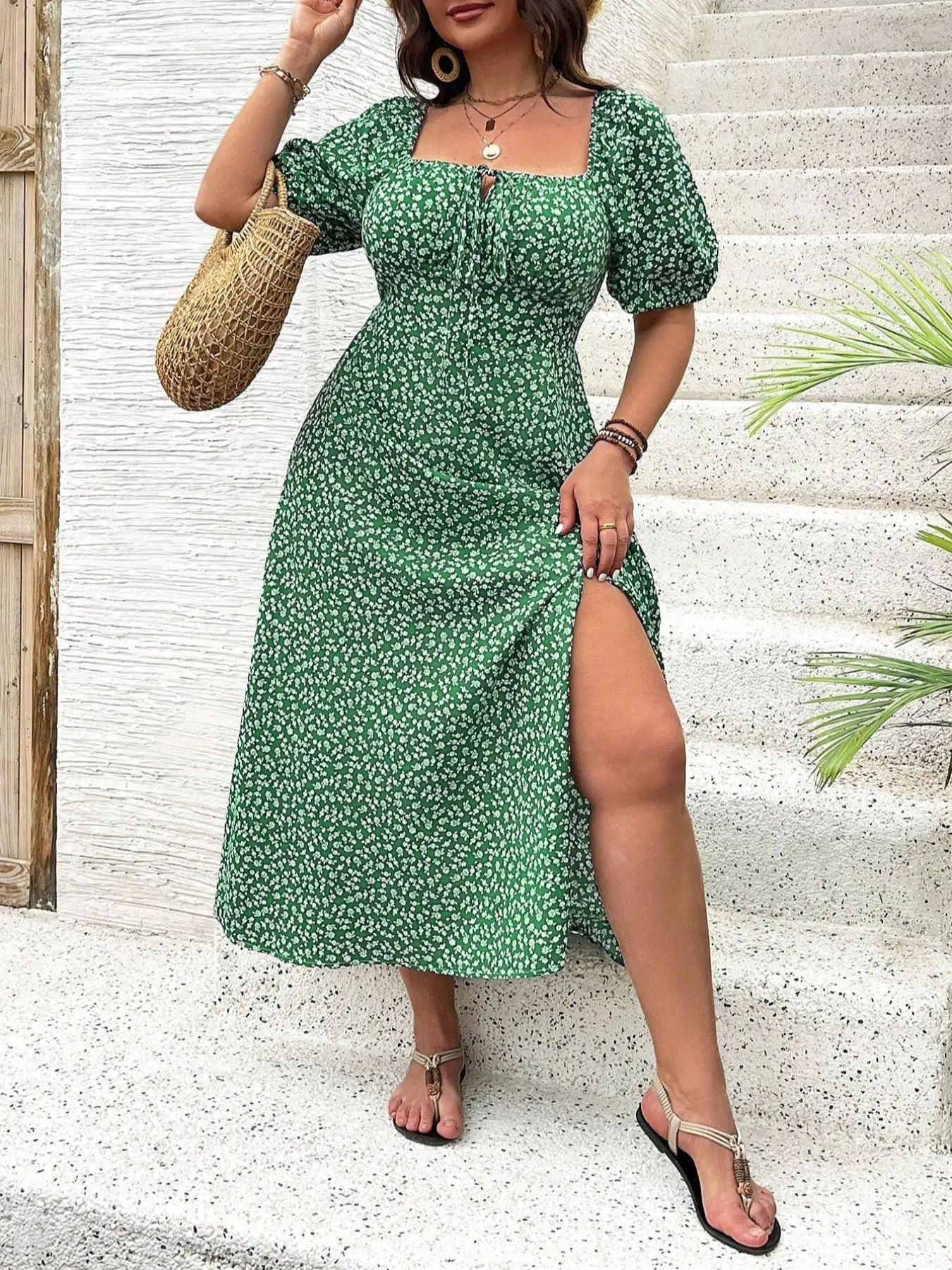Square Neck Dress with Small Floral Print