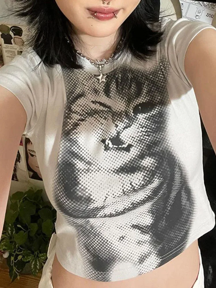 White Cropped Animal Print T-Shirt