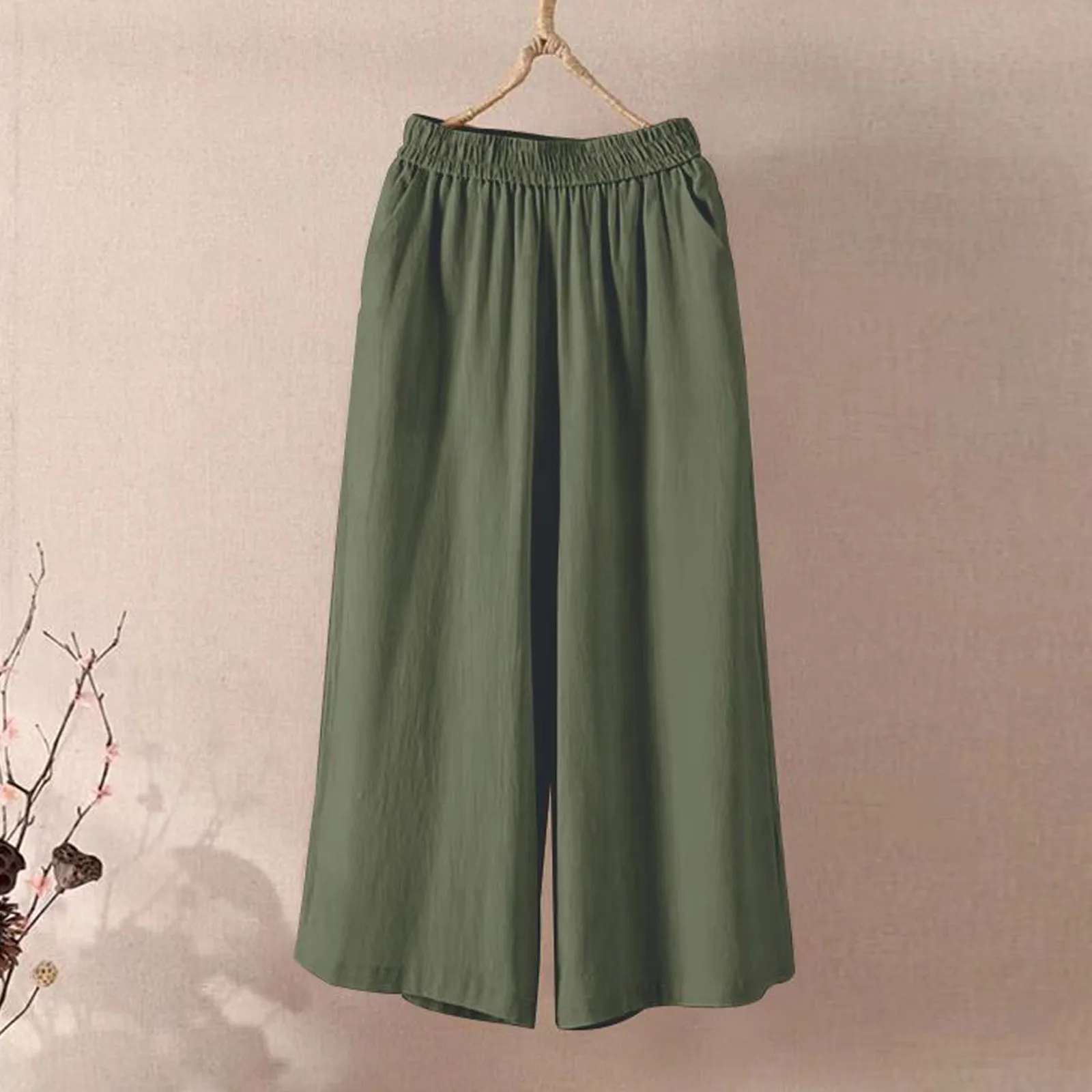 Ankle-Length Wide-Leg Pants with Elastic Waist and Side Pockets
