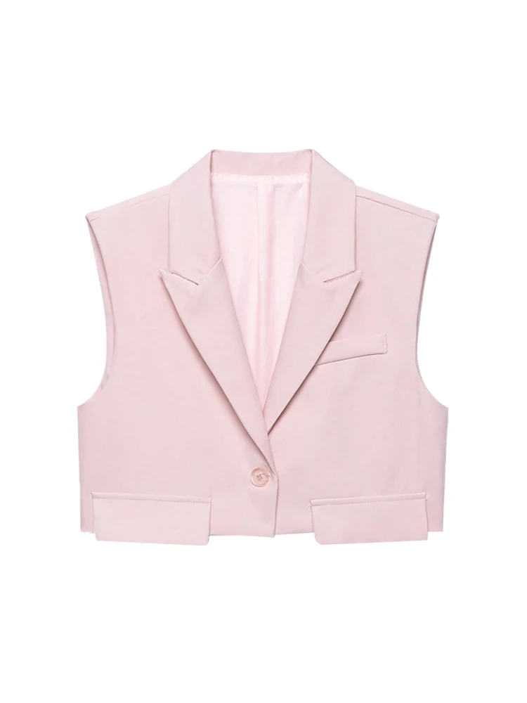 Cropped Sleeveless One-Button Vest with Turn-Down Collar