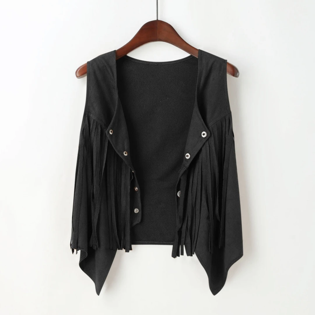 Suede-Feel Vest with Fringe and Studs