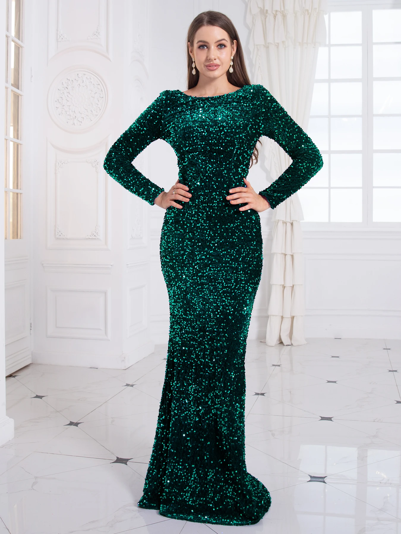 Long Sleeve Sequin Mermaid Evening Dress with Train