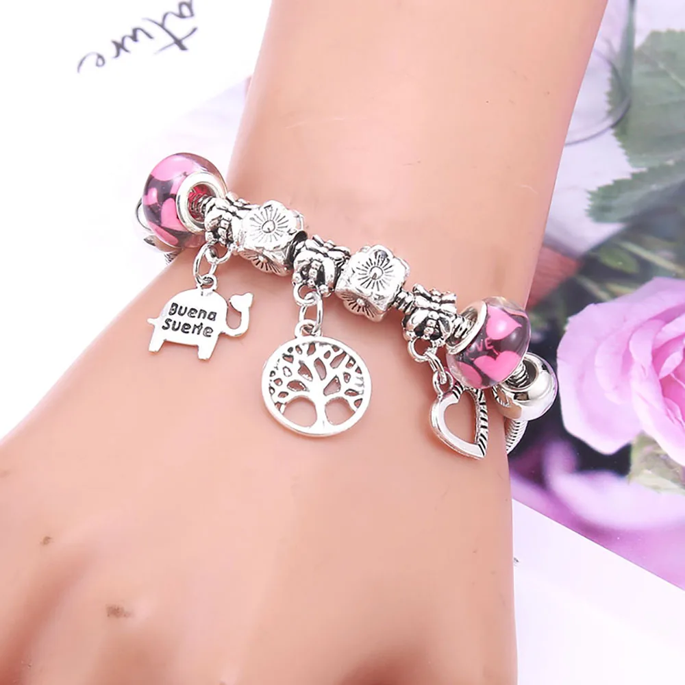 Pink Bracelet with Beads and Snake Chain