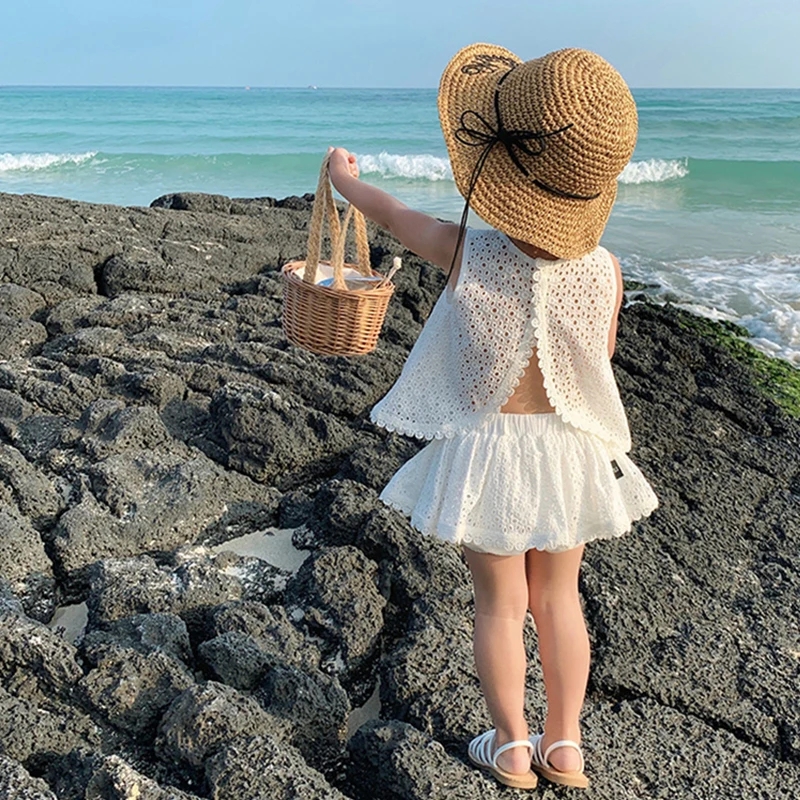 Girls' White Openwork Lace Summer Set