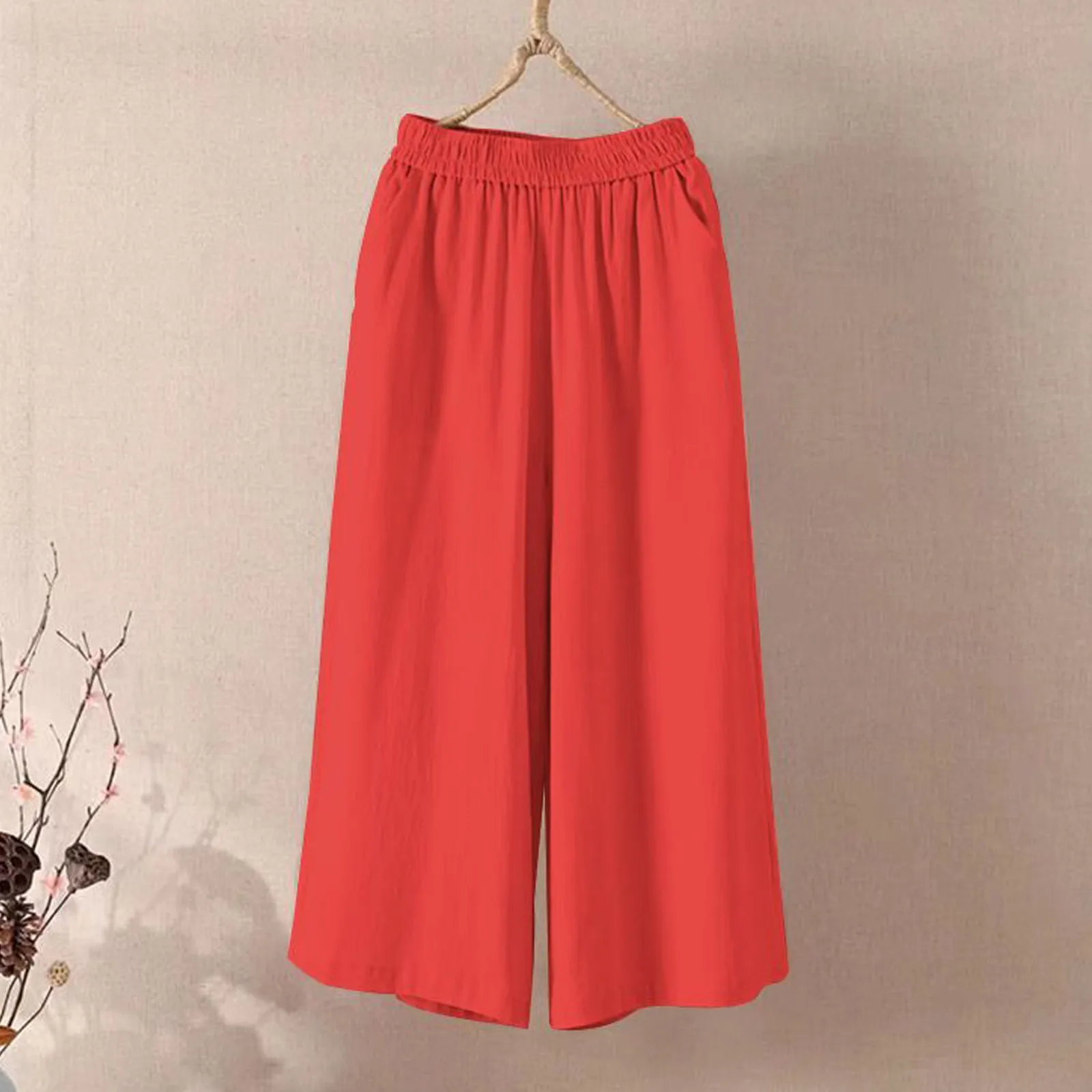 Ankle-Length Wide-Leg Pants with Elastic Waist and Side Pockets