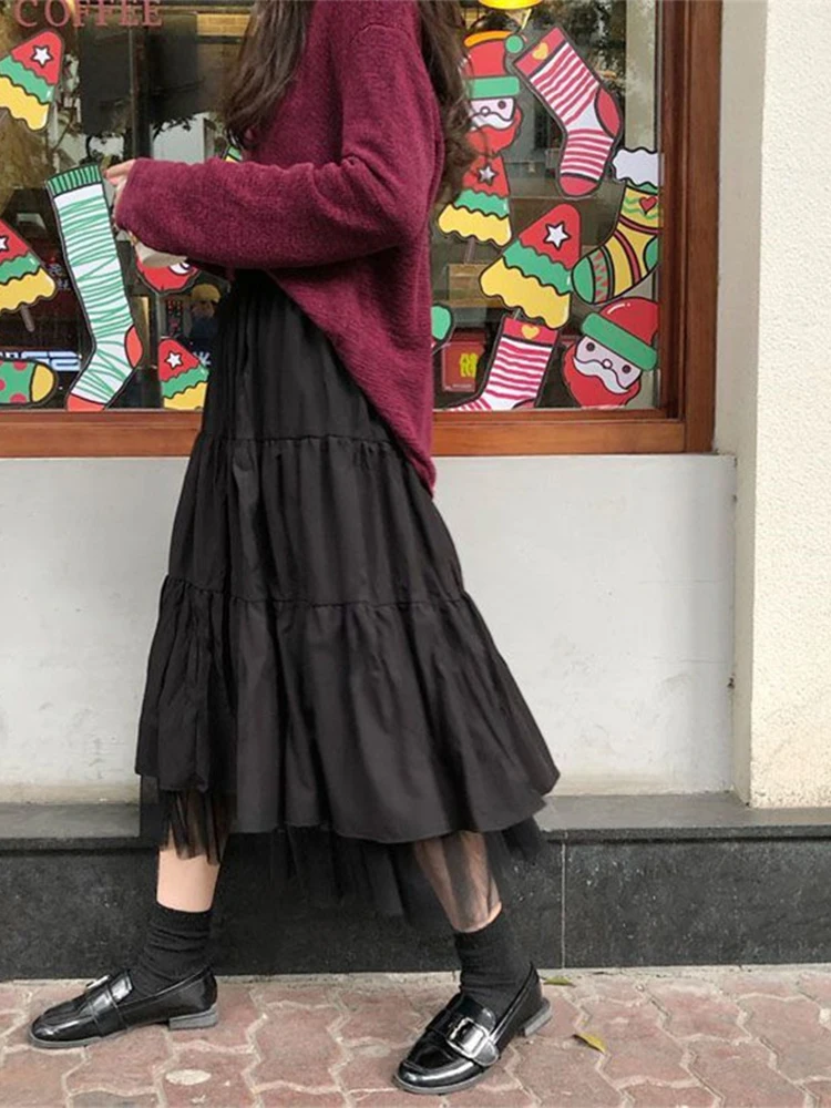 Tulle Mesh Midi Skirt with Elastic Waist