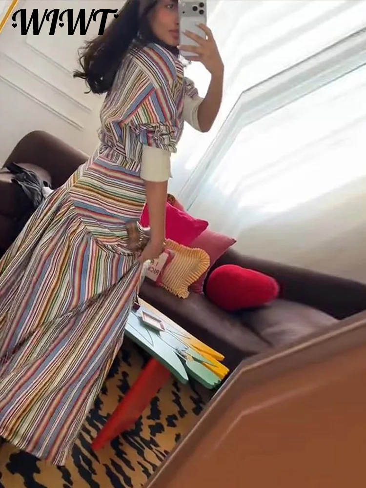 2-Piece Striped Set: Button-Up Shirt and Ankle-Length Skirt