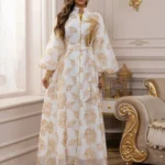 White Abaya with Gold Floral Embroidery — Image 3
