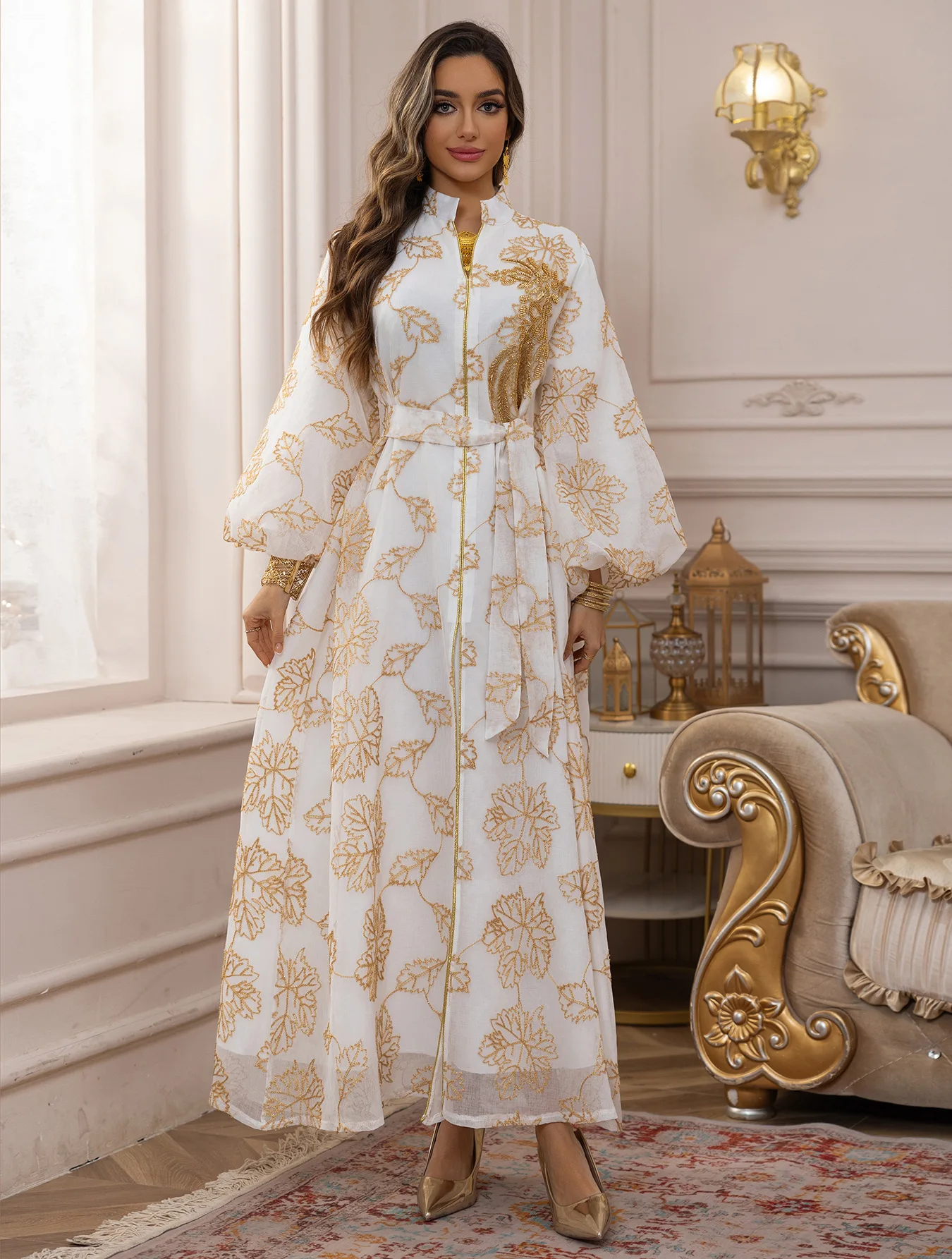 White Abaya with Gold Floral Embroidery