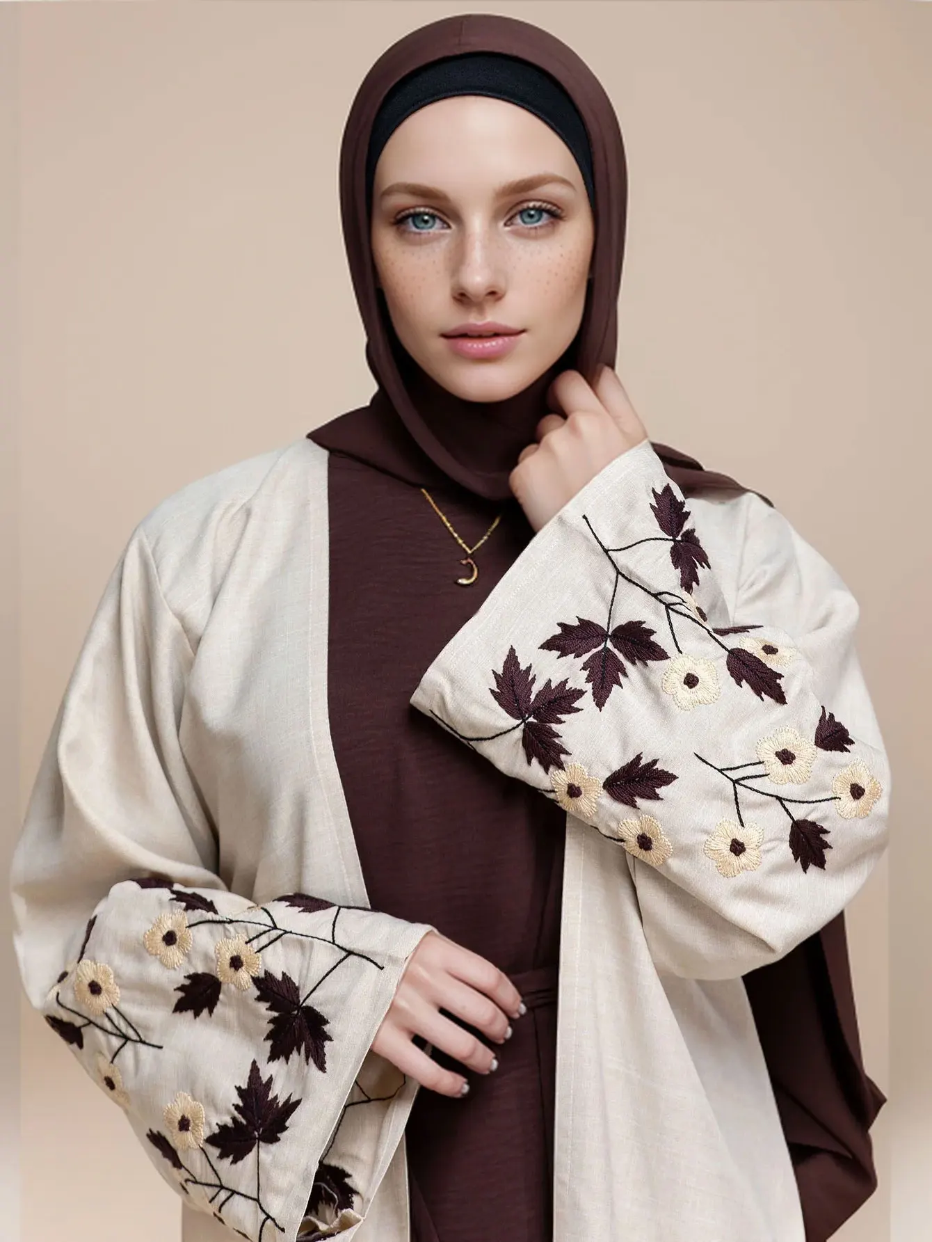 Apricot Abaya with Embroidered Cuffs
