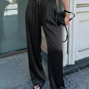 Satin Wide-Leg Pants with Pockets