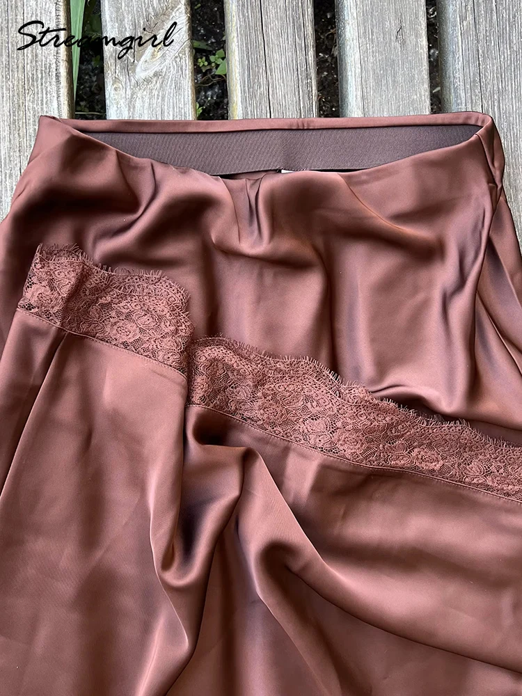 Satin Maxi Skirt with Lace Trim