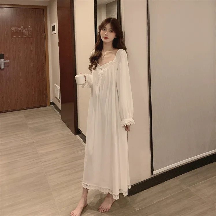 Long Full-Sleeve Nightgown with Lace Trim