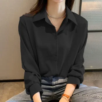 بلوزة شيفون سادة ربيعية بأكمام طويلة