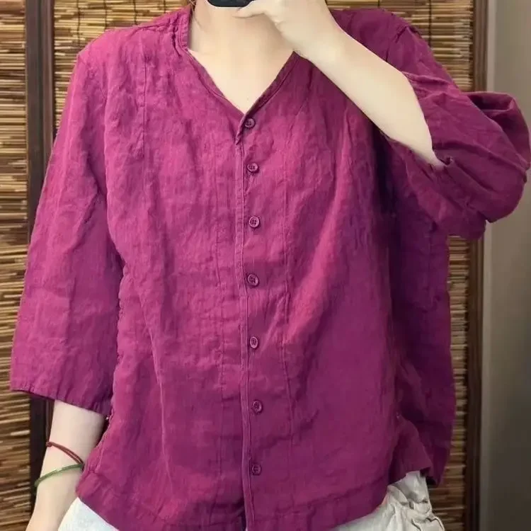 Casual Loose V-Neck Shirt with Buttons
