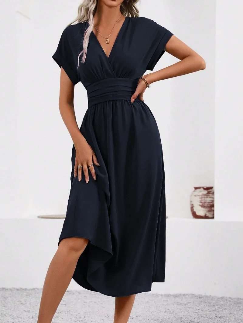 Solid V-Neck Summer Dress