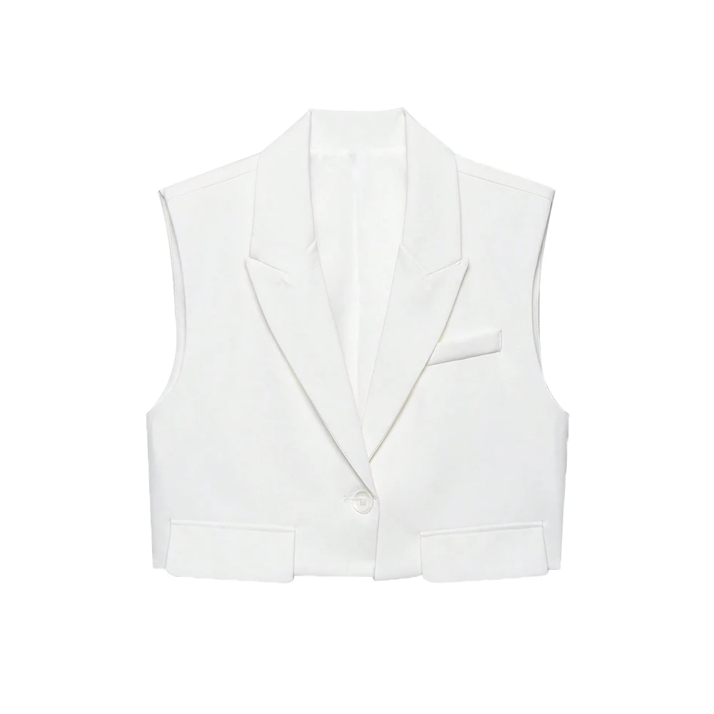 Cropped Sleeveless One-Button Vest with Turn-Down Collar