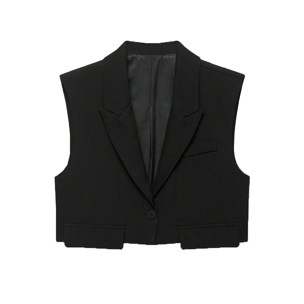 Cropped Sleeveless One-Button Vest with Turn-Down Collar