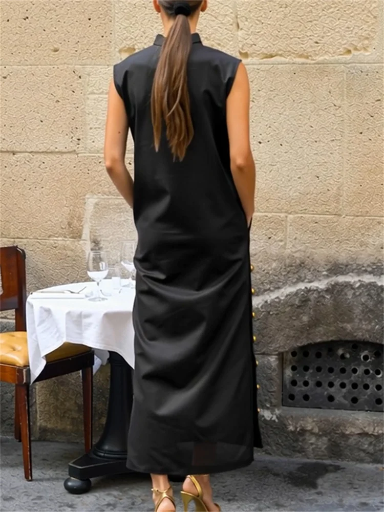 Vintage Solid Summer Dress with Slit