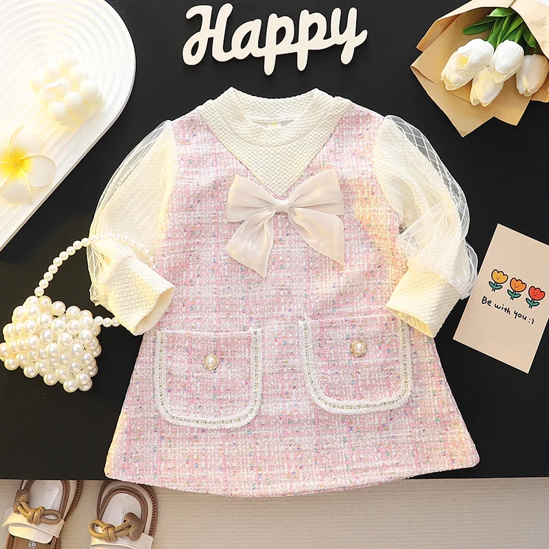 Girls' Elegant Long Sleeve Dress with Bow