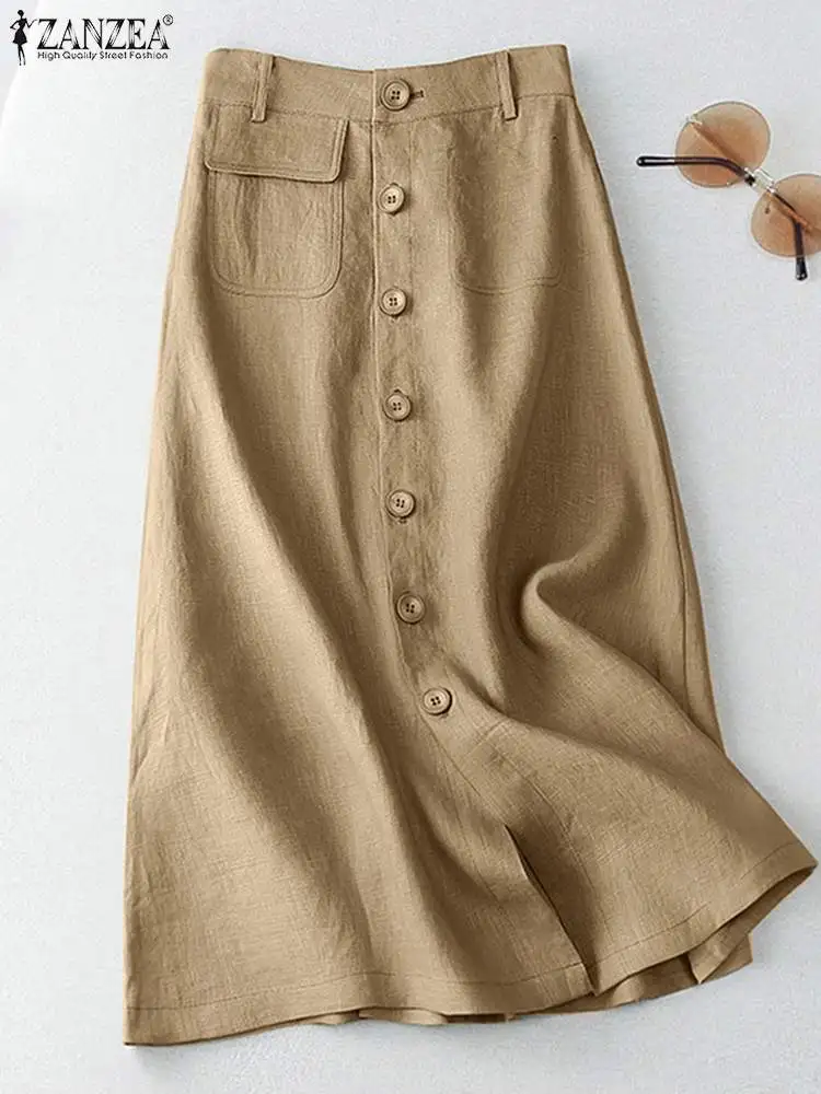 Cotton A-Line Midi Long Skirt with Buttons
