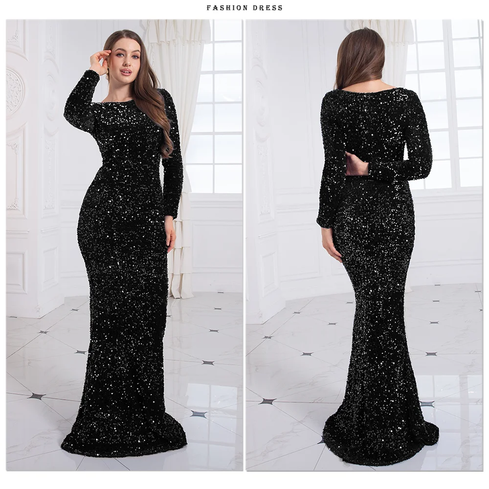 Long Sleeve Sequin Mermaid Evening Dress with Train