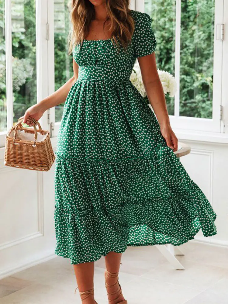Summer Puff Sleeve Dress with Classic Print