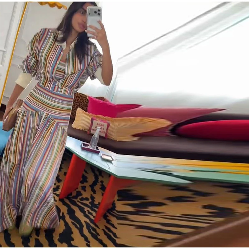 2-Piece Striped Set: Button-Up Shirt and Ankle-Length Skirt