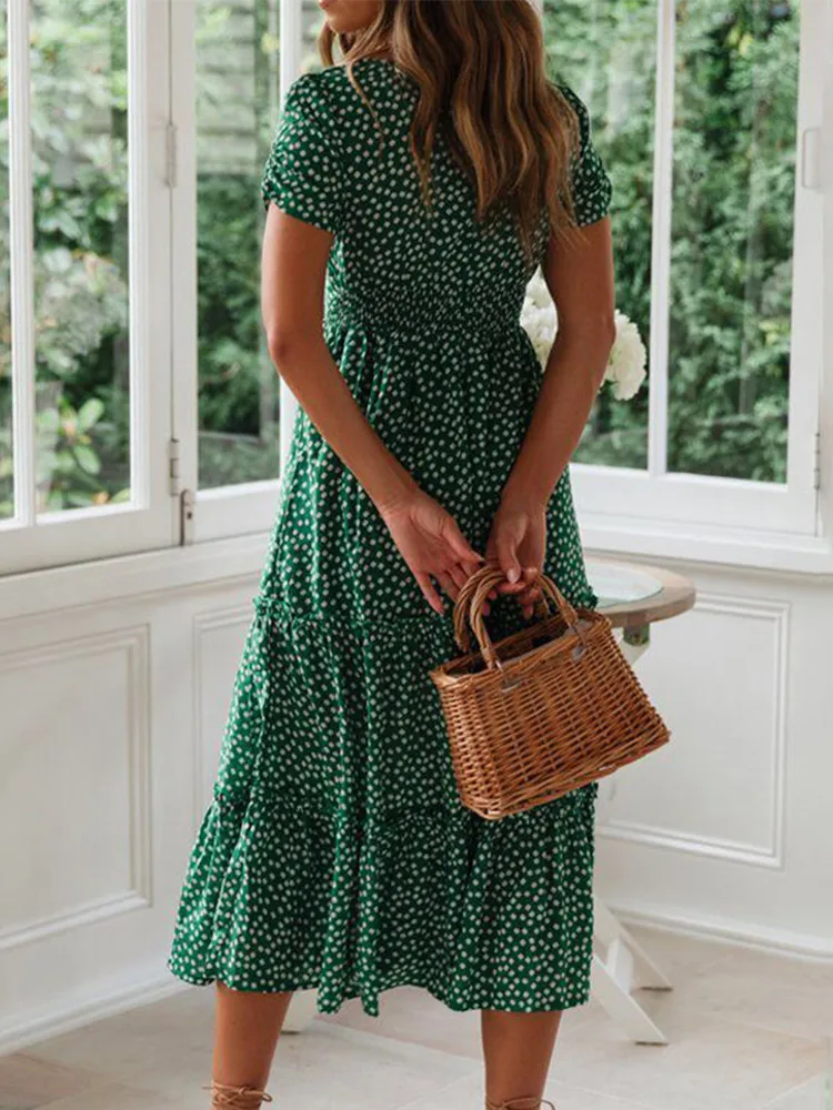 Summer Puff Sleeve Dress with Classic Print