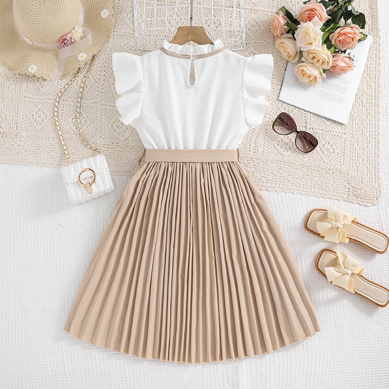 Girls' White Dress with Khaki Skirt