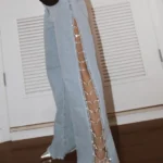 High Waist Wide-Leg Jeans with Sparkly Cutout Details — Image 5