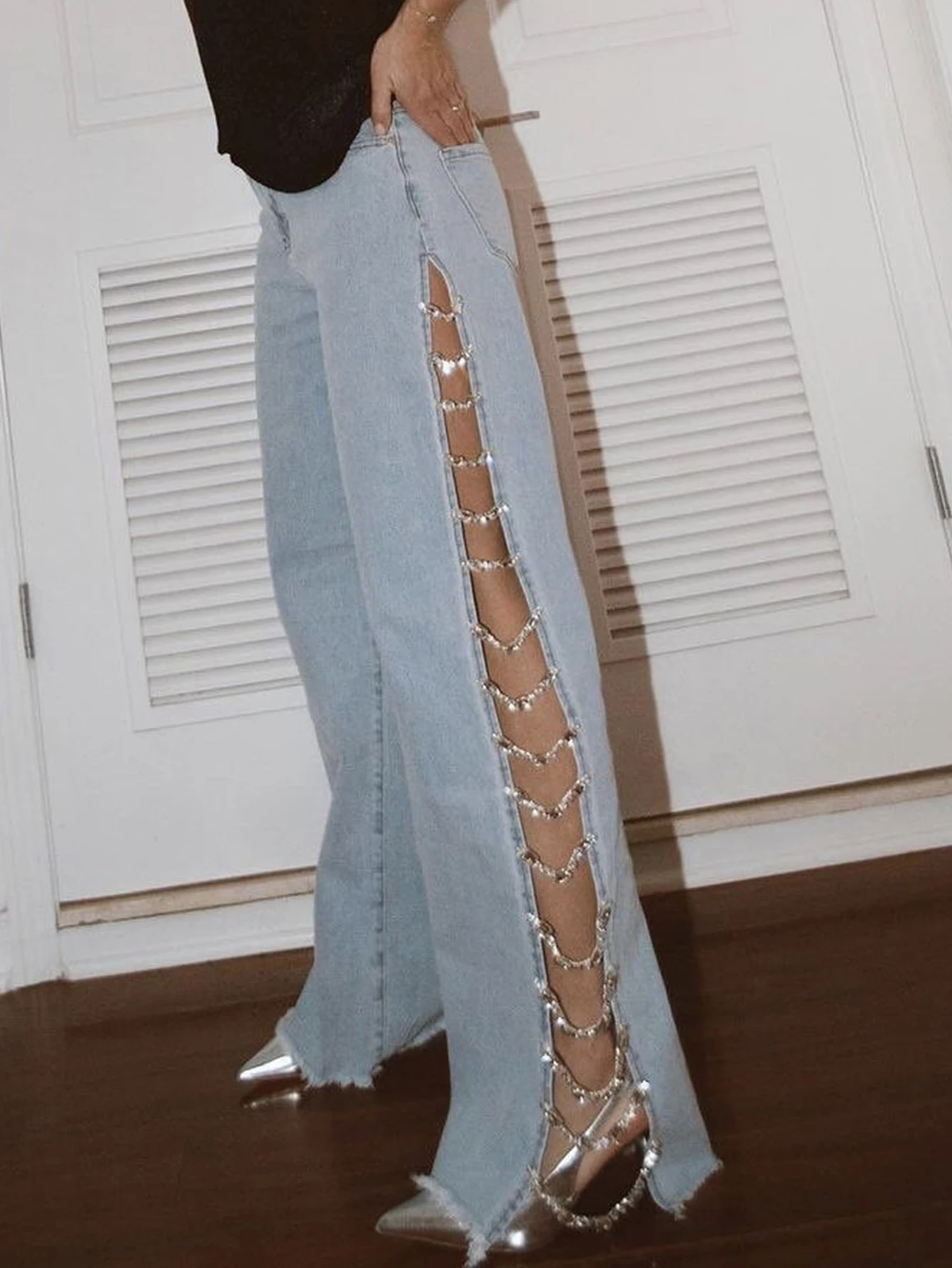 High Waist Wide-Leg Jeans with Sparkly Cutout Details