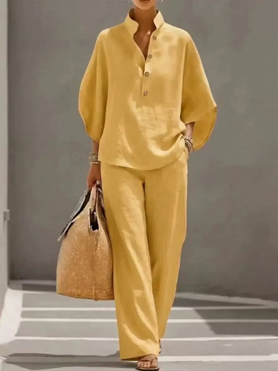 Linen-Feel Set with Wide Sleeves and Elastic-Waist Pants