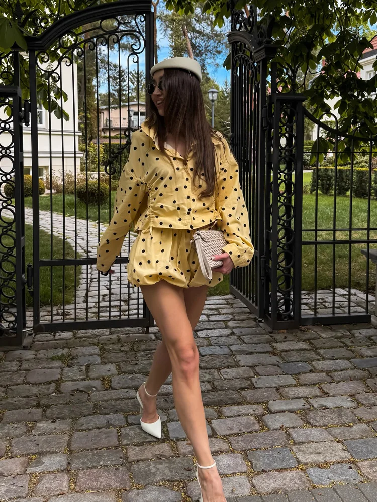 Polka Dot Set: Stand Collar Top and Pleated Shorts