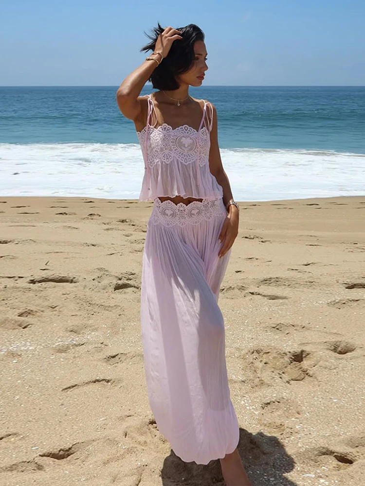 Lace Set with Strappy Top and Wide-Leg Pants