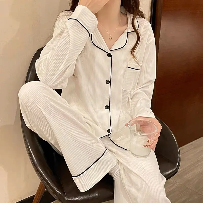 Long Sleeve Pajama Set with Turn-Down Collar and Long Pants