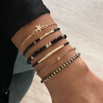 6-Piece Black Bead and Gold-Tone Chain Bracelet Set