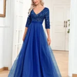 Three-Quarter Sleeve Evening Dress with Sequin Bodice and Tulle Skirt — Image 3