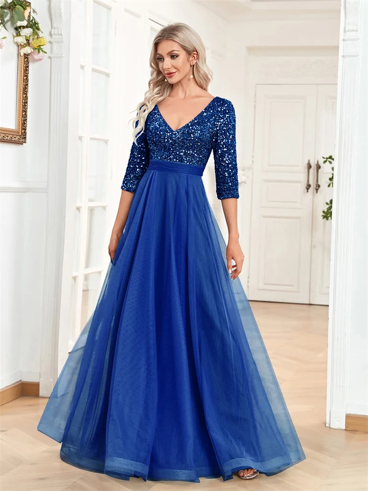 Three-Quarter Sleeve Evening Dress with Sequin Bodice and Tulle Skirt