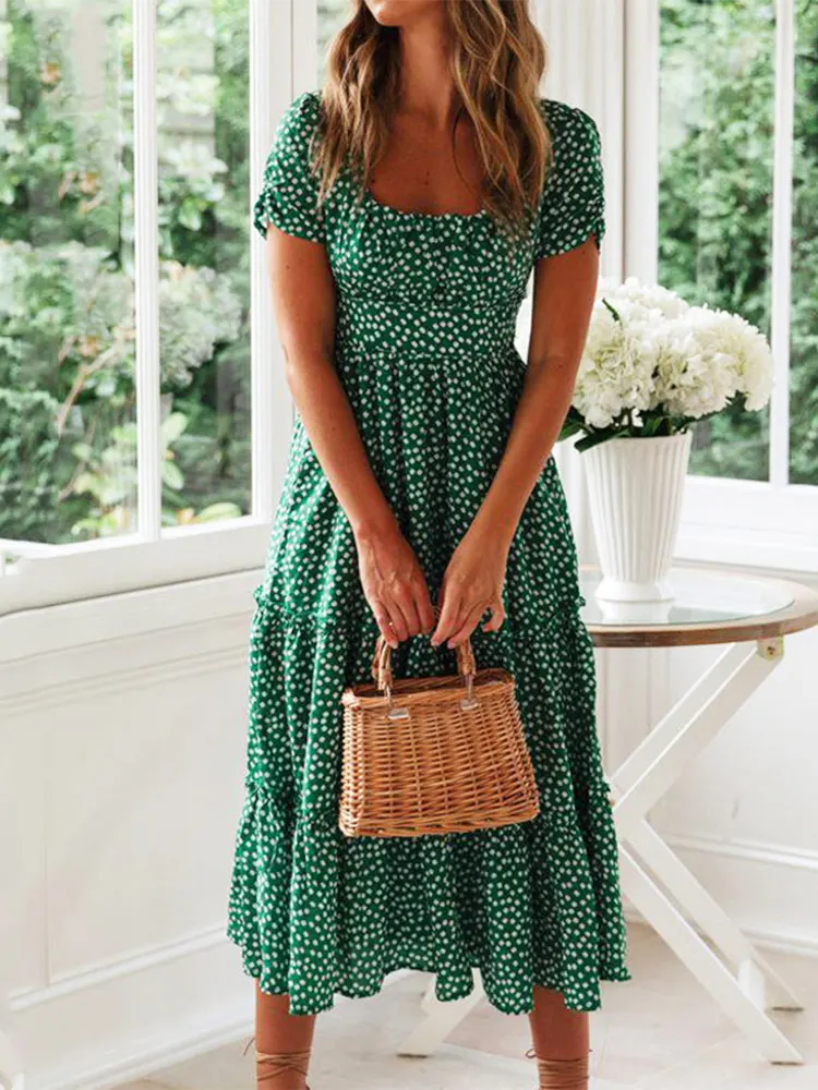 Summer Puff Sleeve Dress with Classic Print