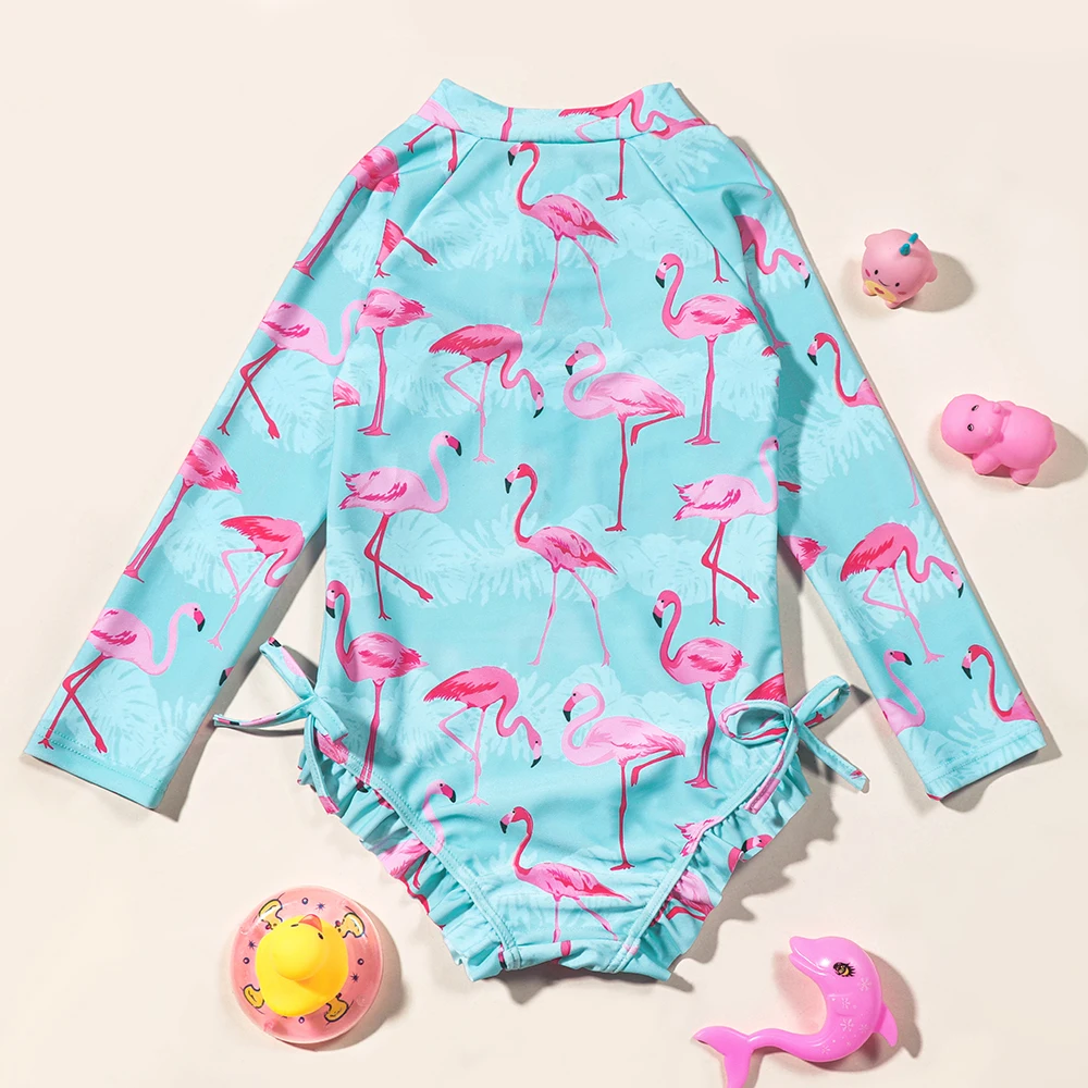 Girls' Long Sleeve Flamingo Print Swimsuit
