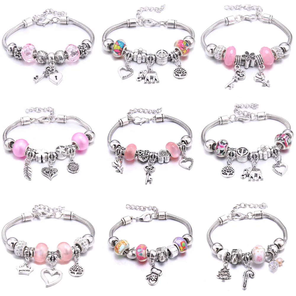 Pink Bracelet with Beads and Snake Chain