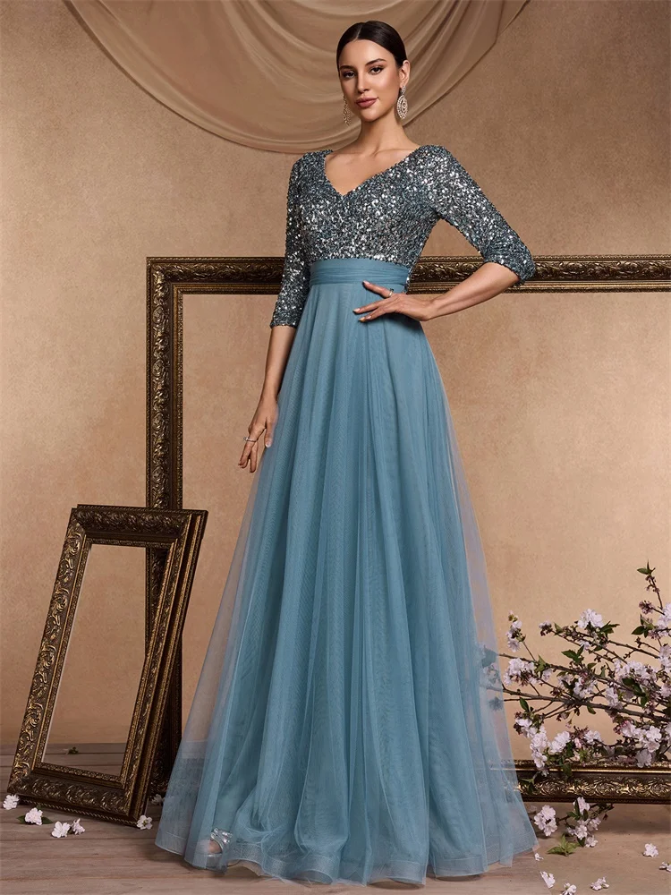 Three-Quarter Sleeve Evening Dress with Sequin Bodice and Tulle Skirt