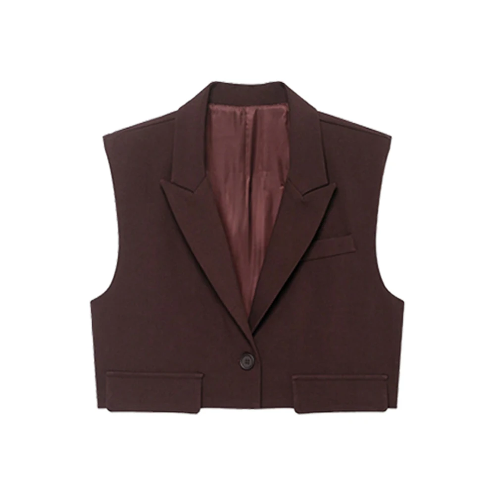 Cropped Sleeveless One-Button Vest with Turn-Down Collar