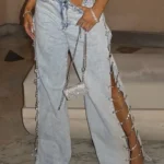 High Waist Wide-Leg Jeans with Sparkly Cutout Details