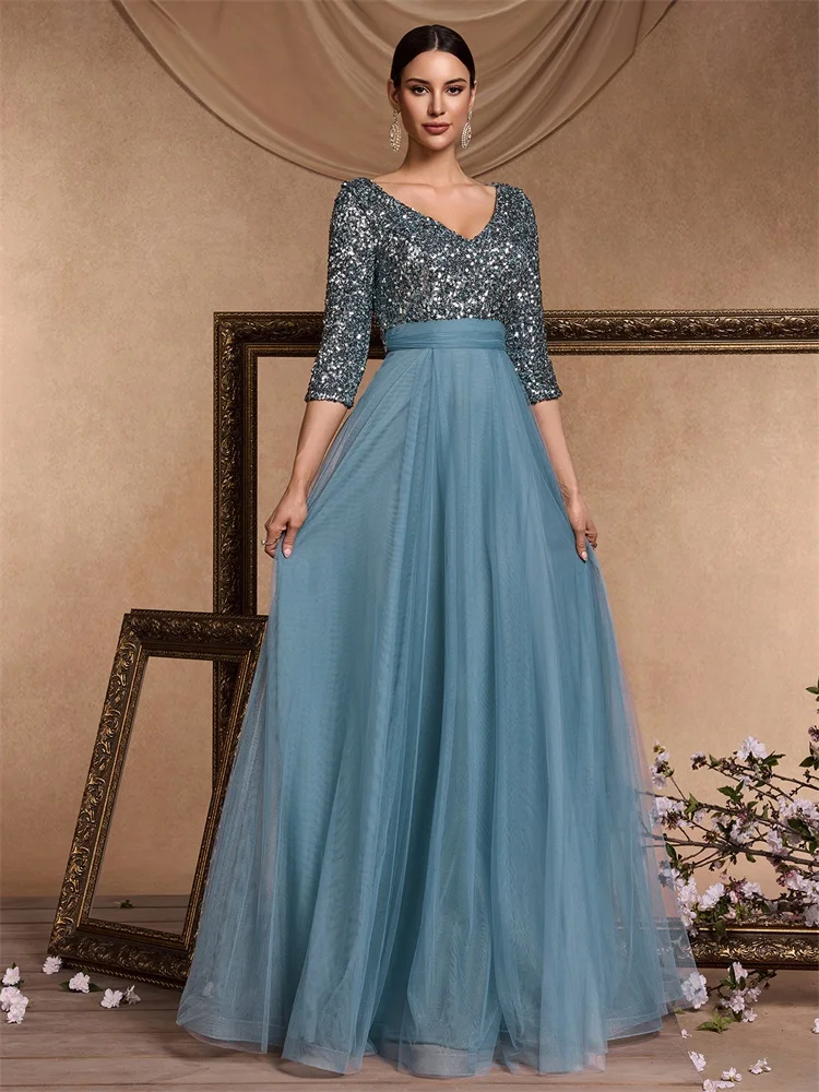 Three-Quarter Sleeve Evening Dress with Sequin Bodice and Tulle Skirt