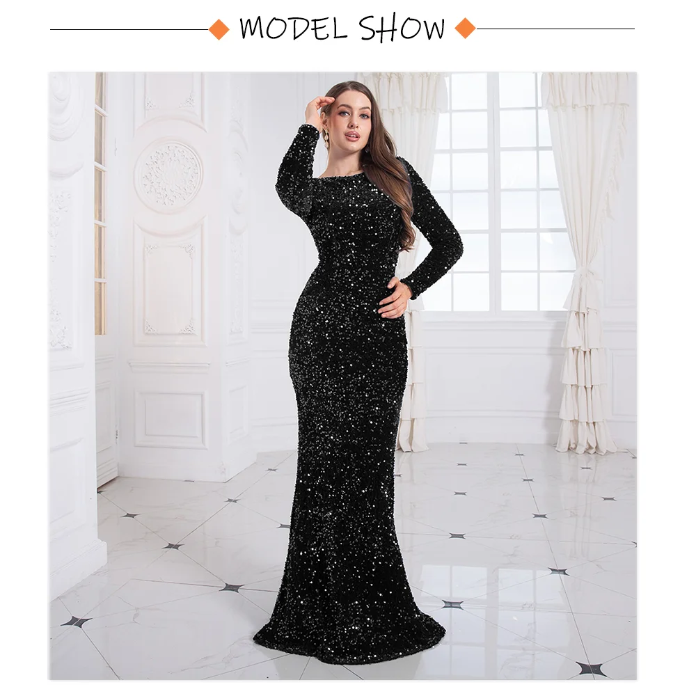 Long Sleeve Sequin Mermaid Evening Dress with Train