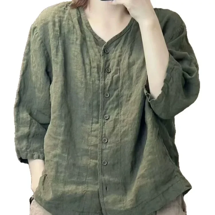 Casual Loose V-Neck Shirt with Buttons