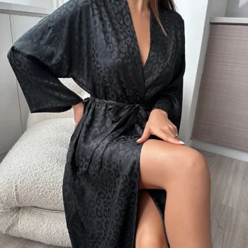 Leopard Print Long Sleeve Sleep Robe with Waist Belt