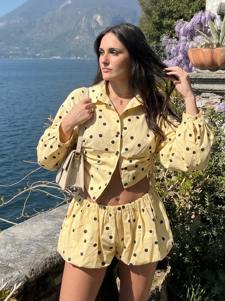 Polka Dot Set: Stand Collar Top and Pleated Shorts